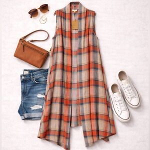 Kori Boho Plaid Sleeveless Long Vest Layering Piece Orange Blue Small NWT